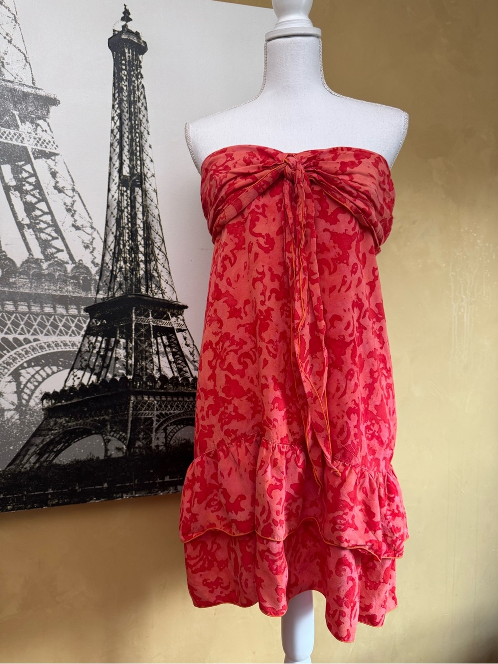 Red Floral Strapless Tie-Front Sundress
